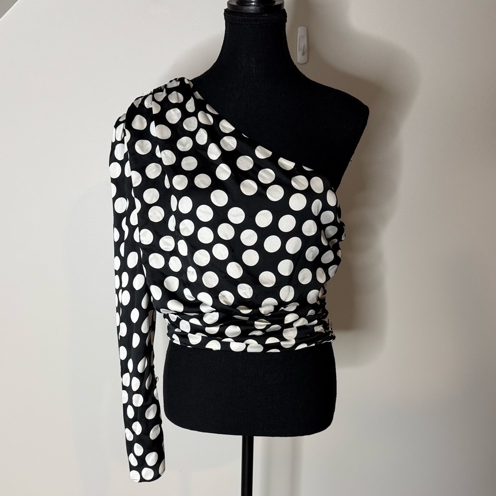 MANGO MNG New Asymmetrical Polka Dot One Sleeve Crop Blouse Top Sz Medium - Picture 8 of 12